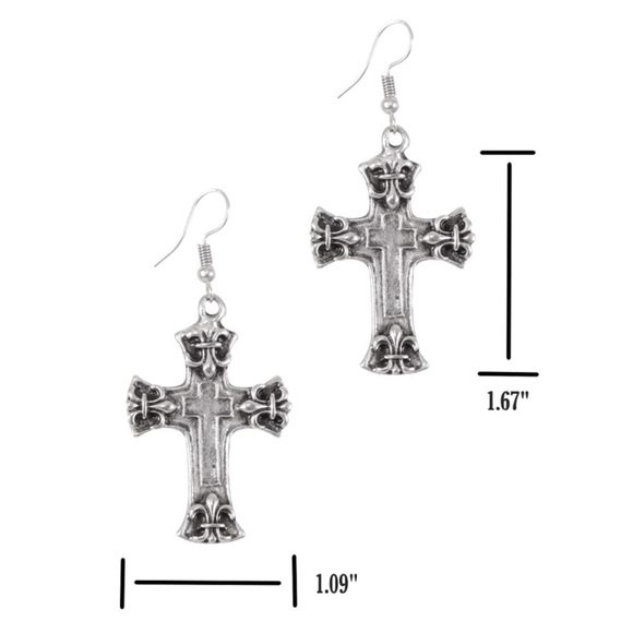 Brand New Hypoallergenic Silver Plated Nickel-Free Ancient Cross Dangle Earrings - Picture 6 of 8